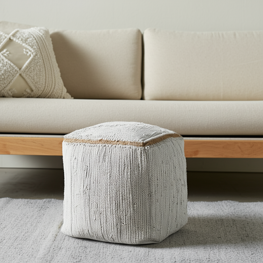 18" Gray and Natural Cotton And Jute Cube Pouf Ottoman-551550-1
