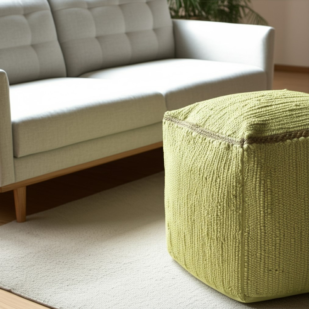 18" Citron and Natural Cotton And Jute Cube Pouf Ottoman-551551-1