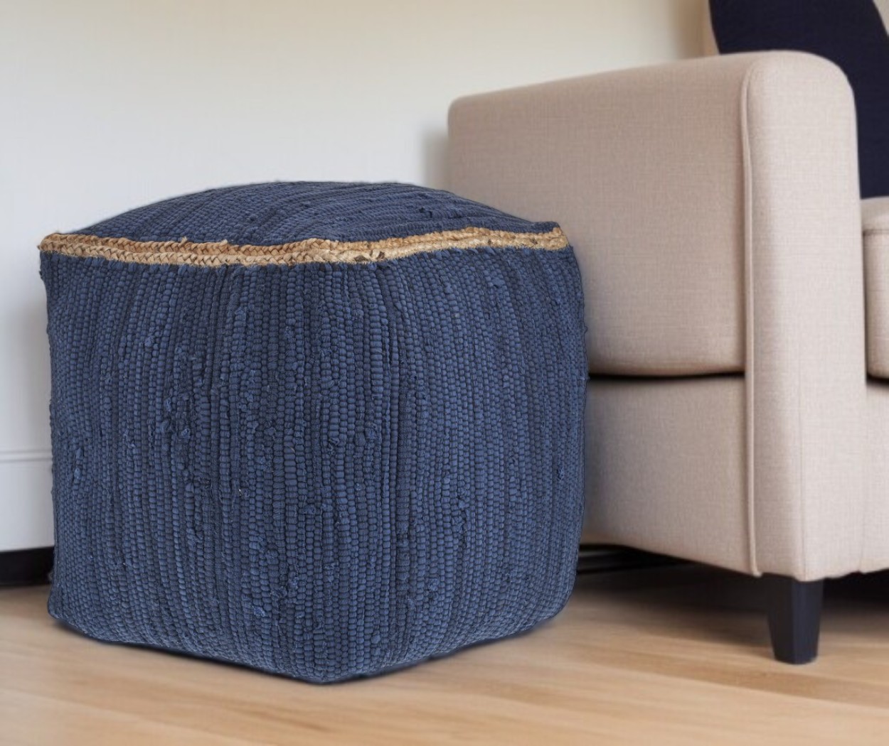 18" Indigo Cotton And Jute Cube Pouf Ottoman-551553-1