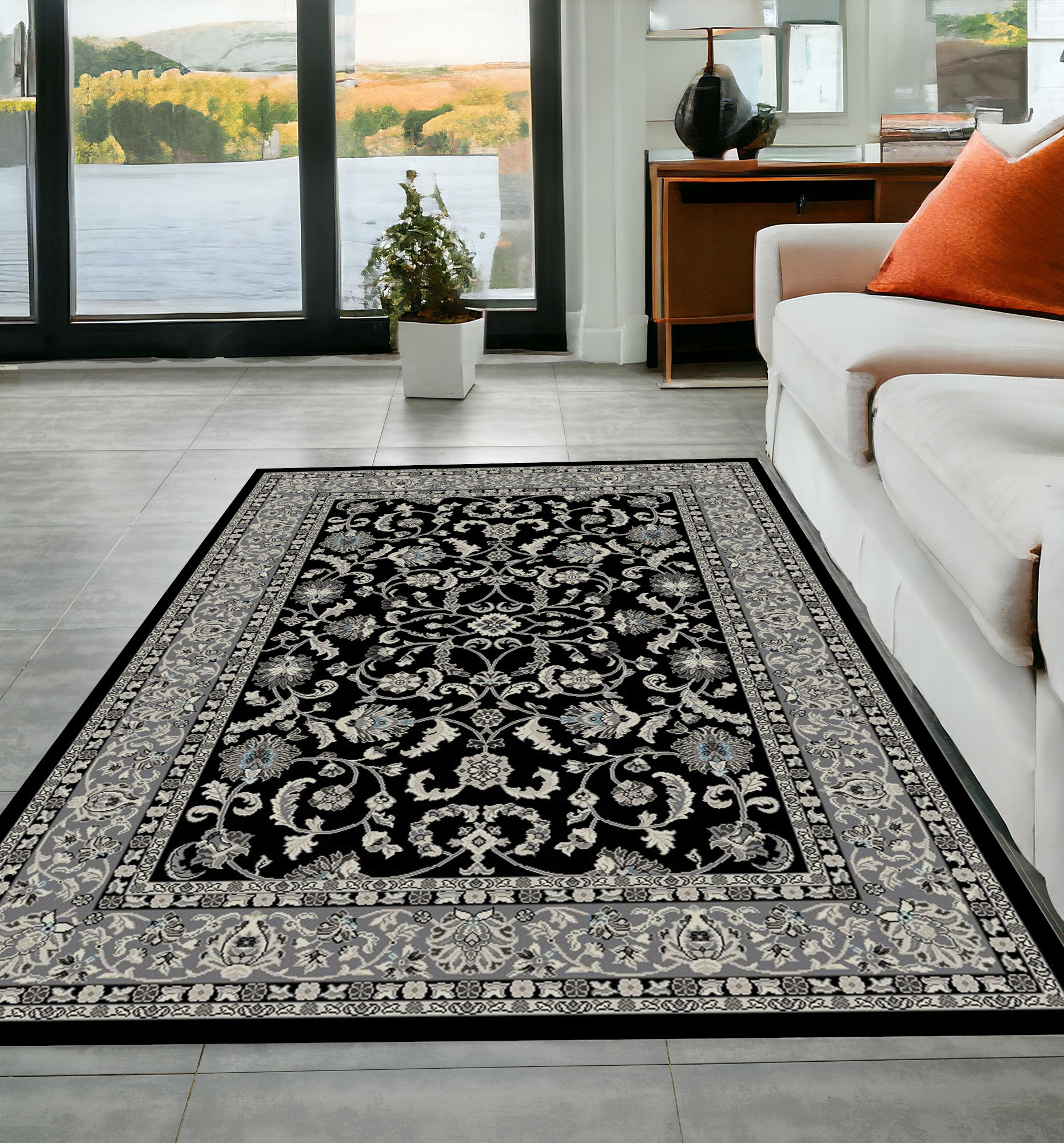 5' x 8' Black and Ivory Oriental Distressed Area Rug-552156-1