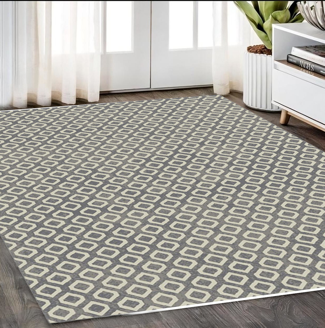 5" X 8" Beige and Gray Geometric Area Rug