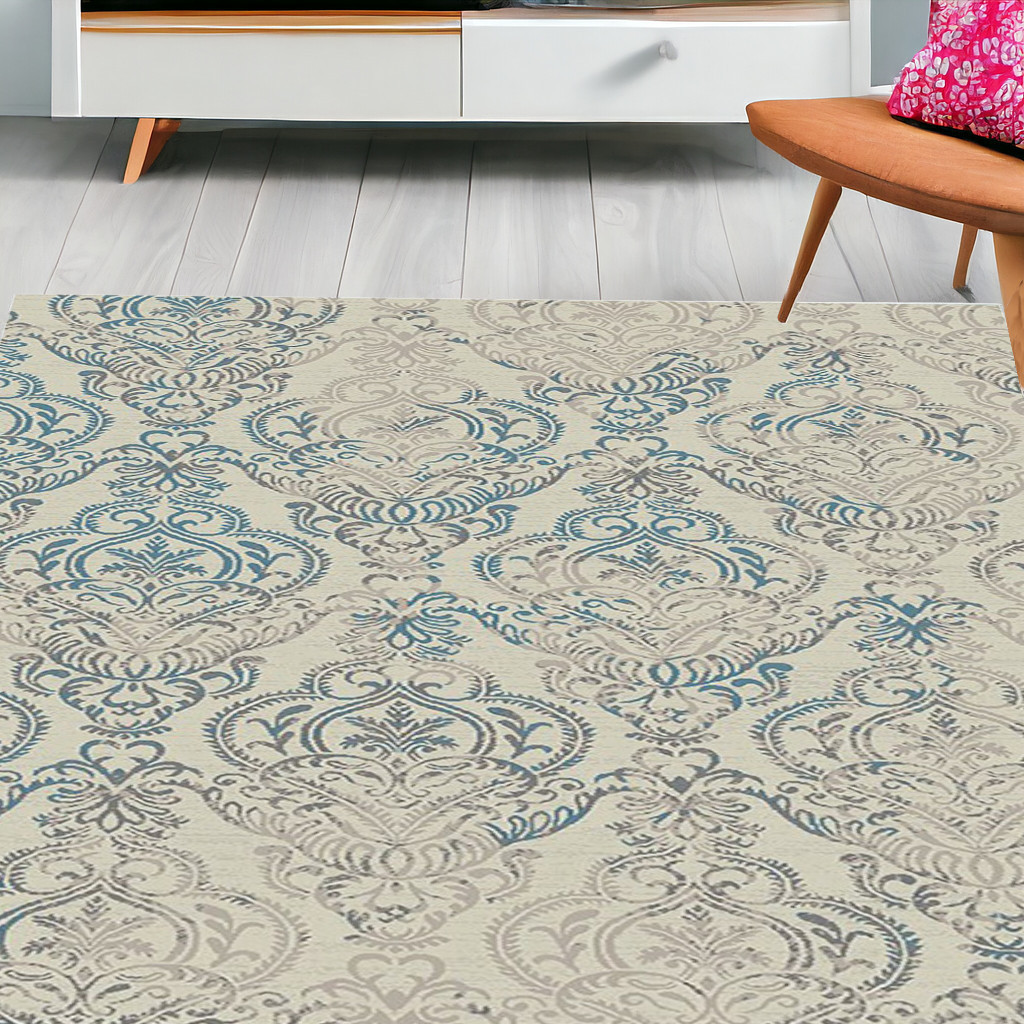 5' x 8' Ivory Blue and Gray Damask Distressed Area Rug-552164-1