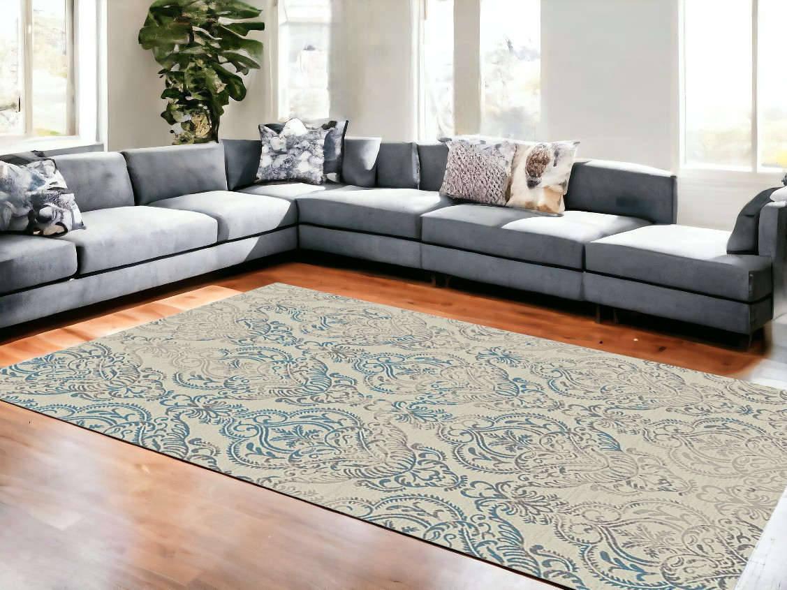 8' x 10' Ivory Blue and Gray Damask Distressed Area Rug-552165-1