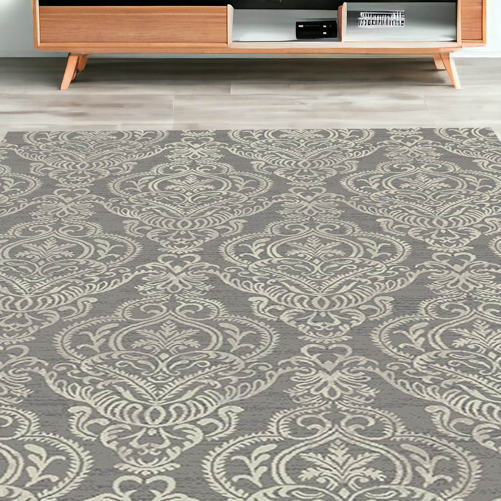 5' x 8' Gray and Beige Damask Area Rug-552168-1