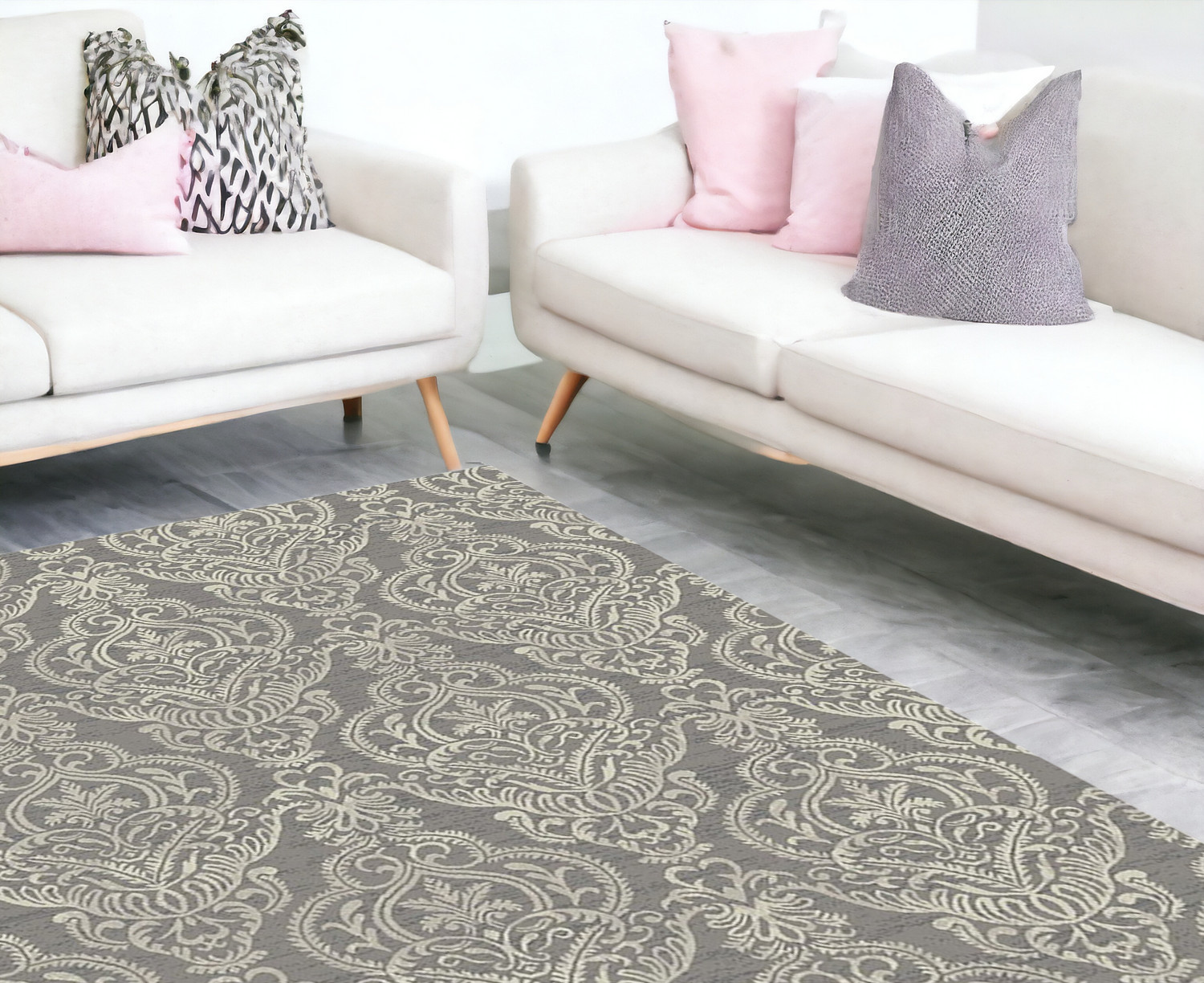 8' x 10' Gray and Beige Damask Area Rug-552169-1
