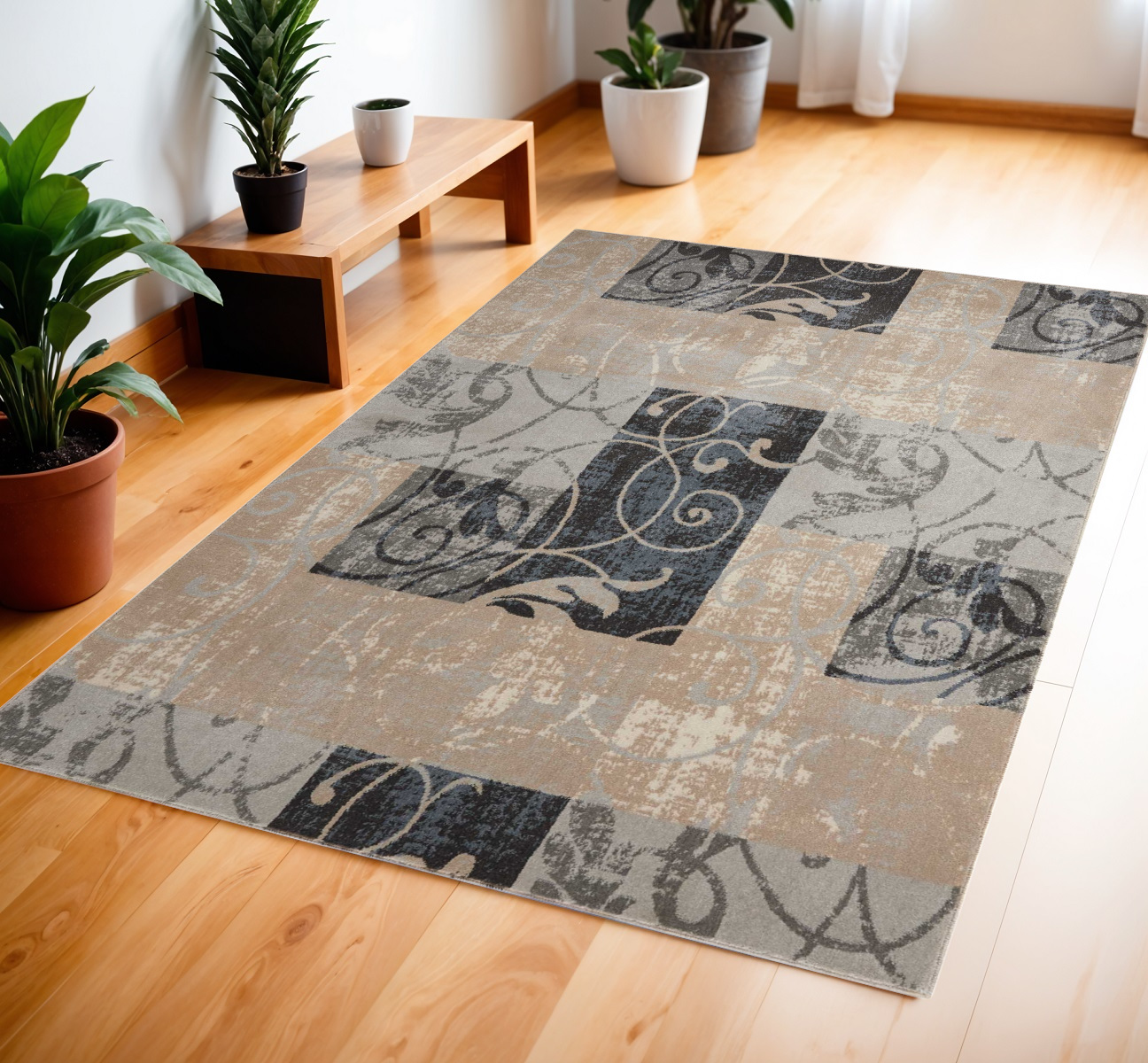 4' X 6' Tan Black and Ivory Floral Vines Area Rug-552786-1