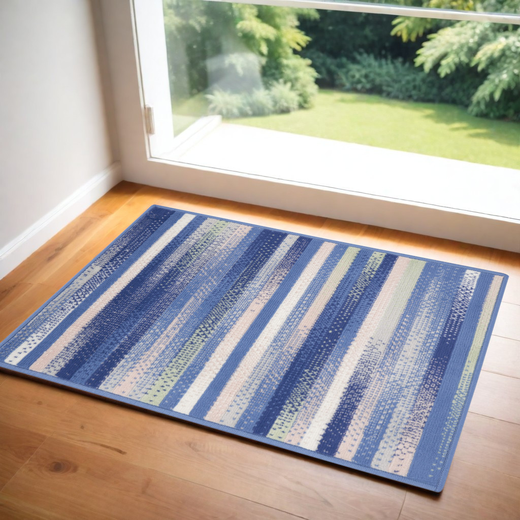 3' X 5' Ivory Tan and Blue Striped Area Rug-553072-1
