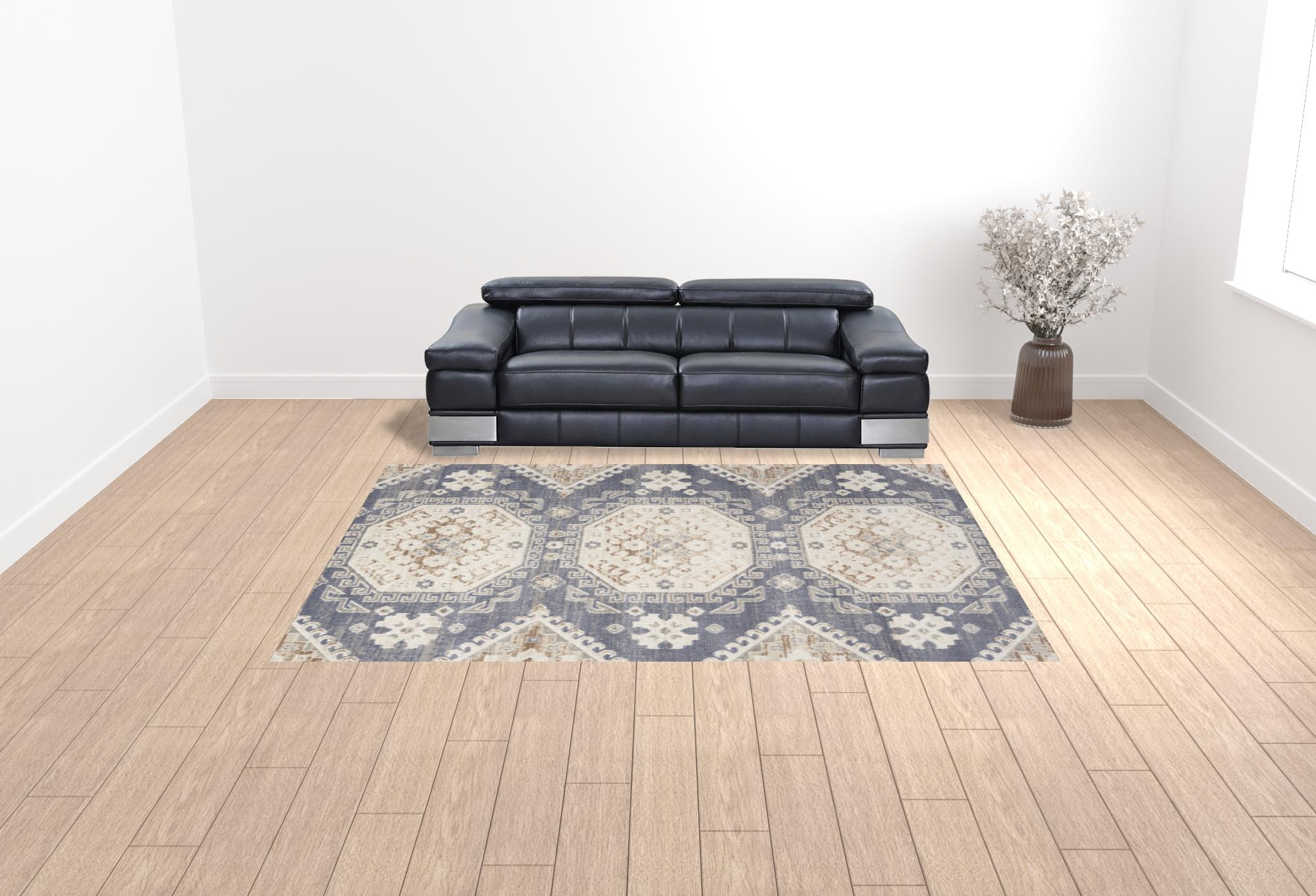 9" X 12" Blue Geometric Distressed Area Rug