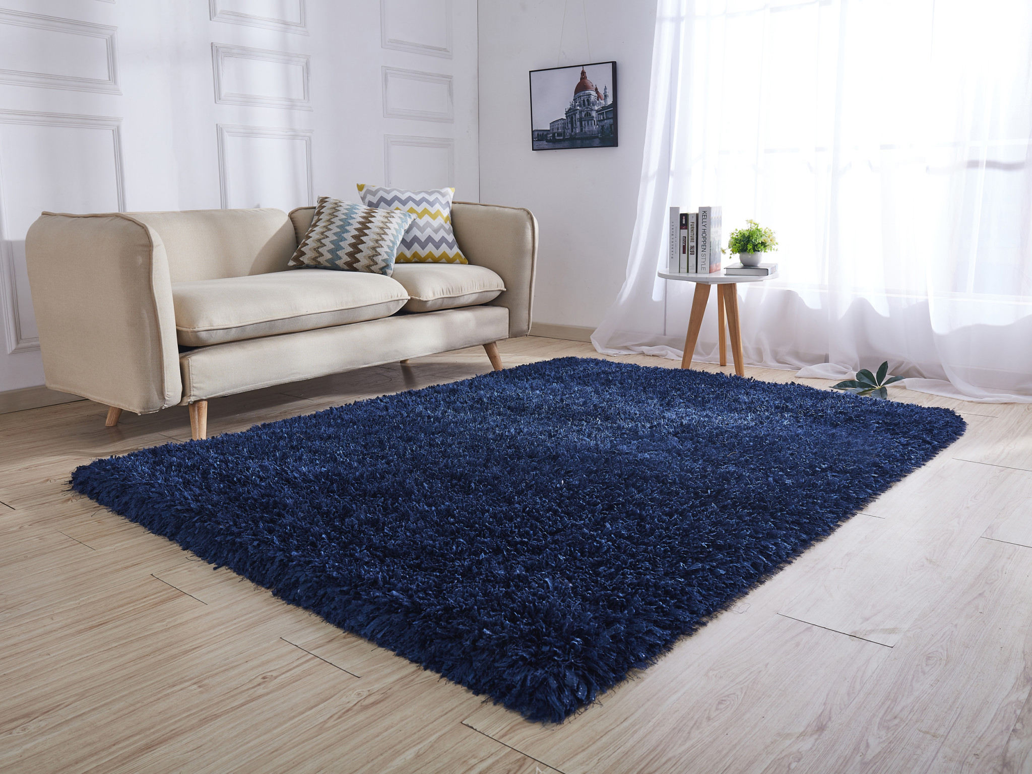 5" X 7" Navy Blue Shag Hand Tufted Area Rug