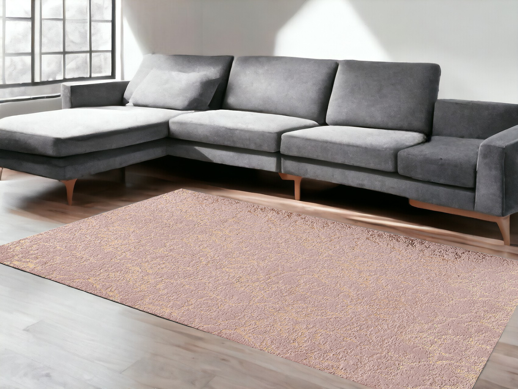 6" X 9" Pink and Gold Faux Fur Abstract Shag Non Skid Area Rug