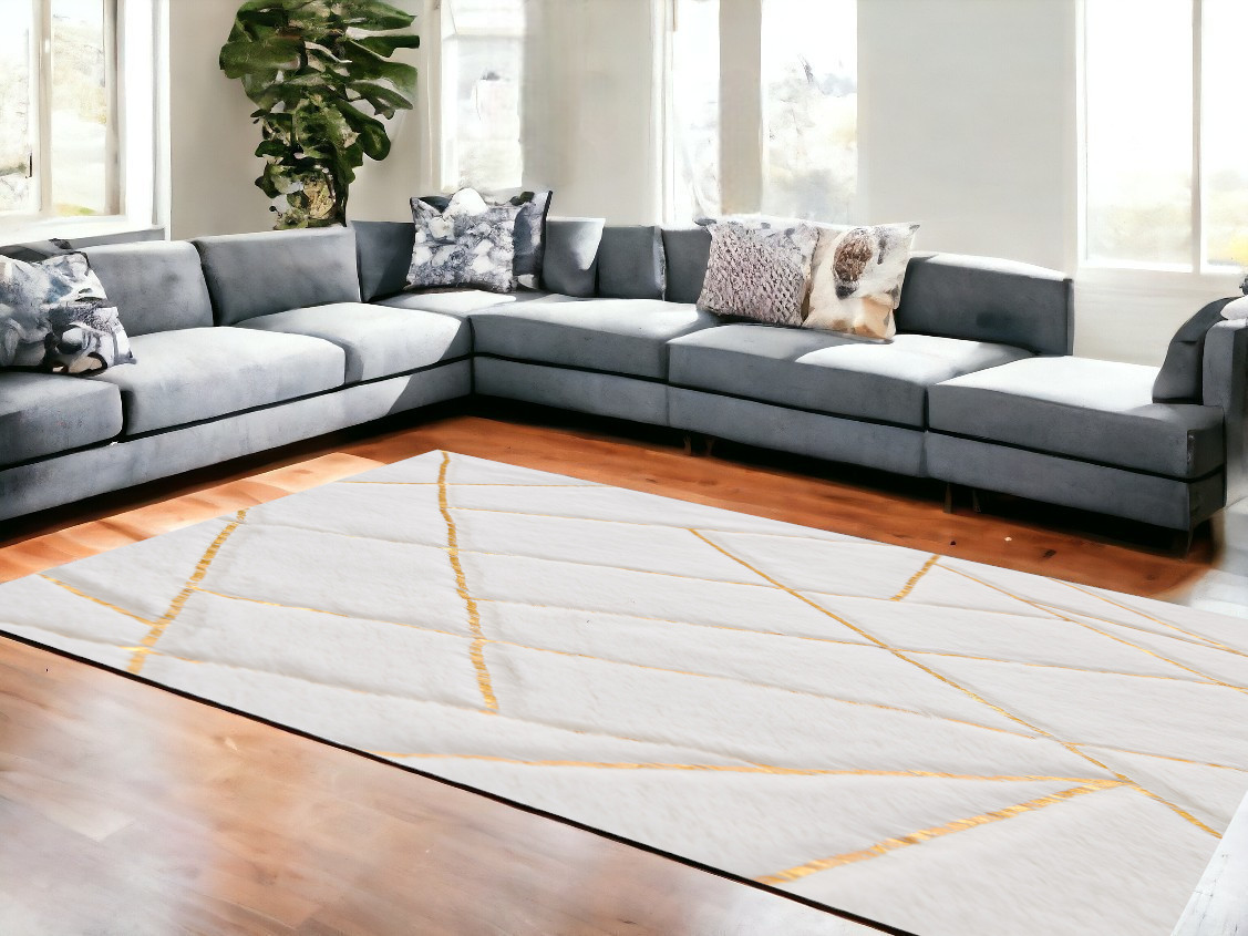 6" X 9" White and Gold Faux Sheepskin Abstract Geometric Machine Tufted Washable Non Skid Area Rug