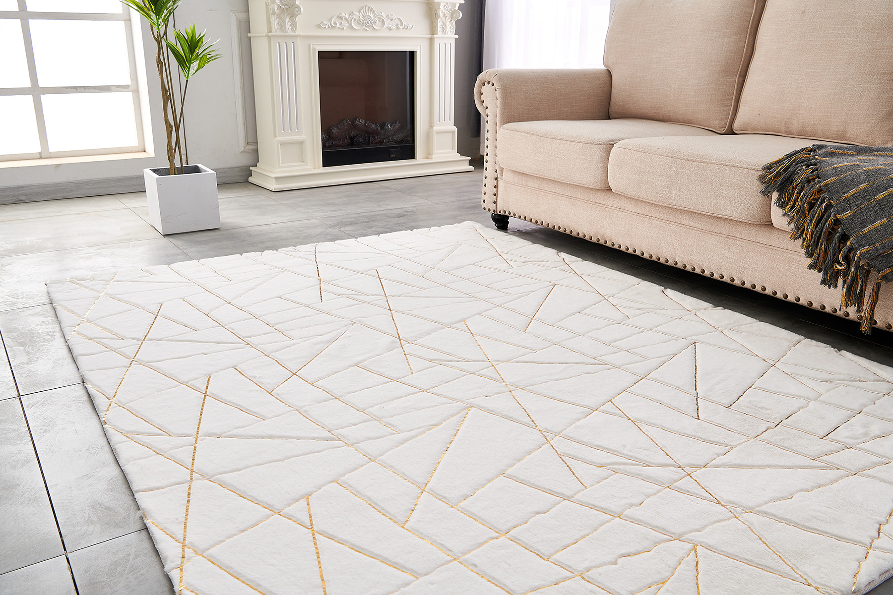 6" X 9" White and Gold Faux Sheepskin Abstract Geometric Machine Tufted Washable Non Skid Area Rug