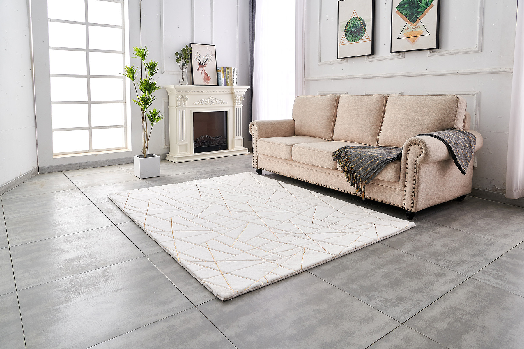 6" X 9" White and Gold Faux Sheepskin Abstract Geometric Machine Tufted Washable Non Skid Area Rug