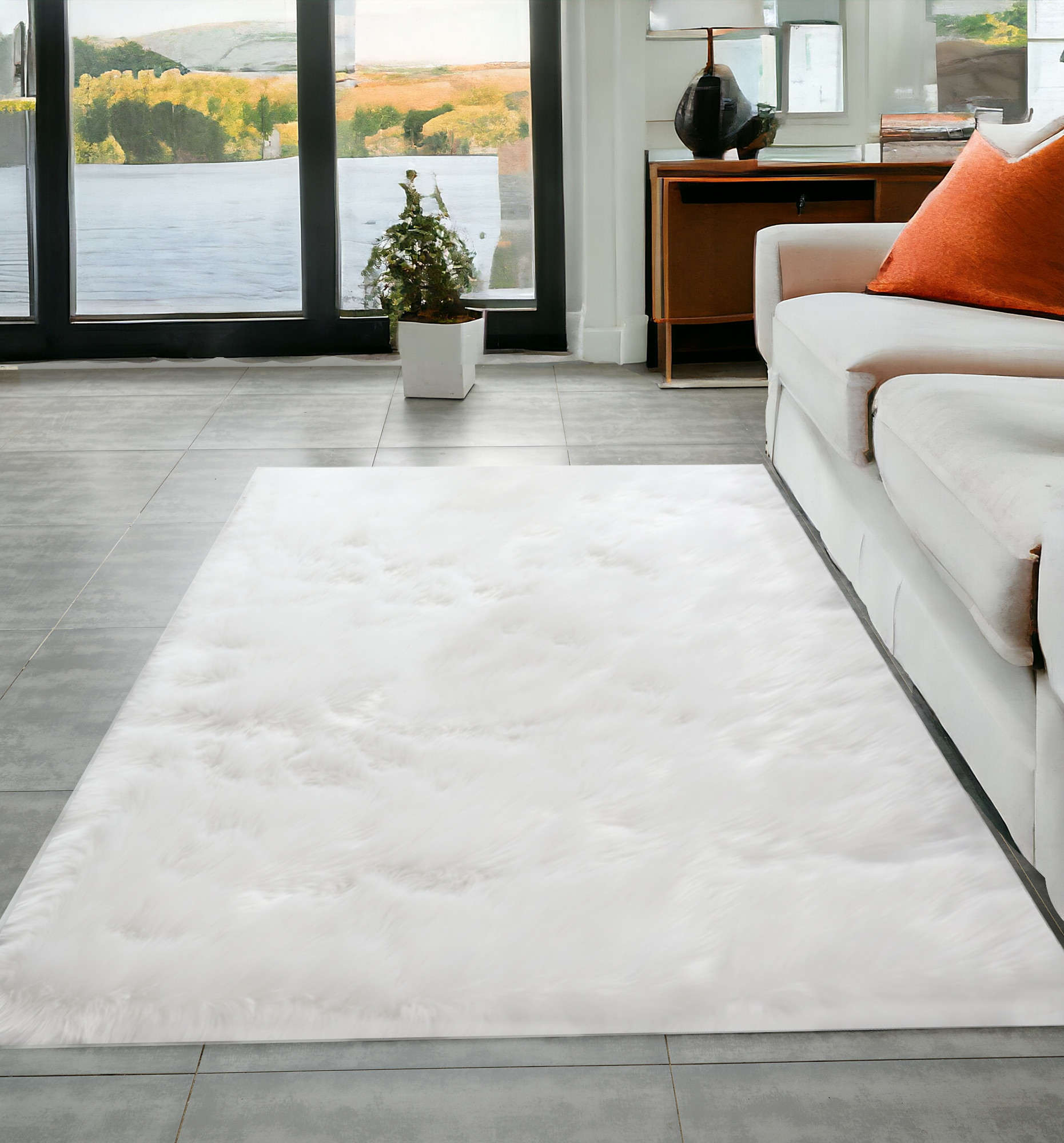 5" X 7" White Faux Sheepskin Shag Washable Area Rug