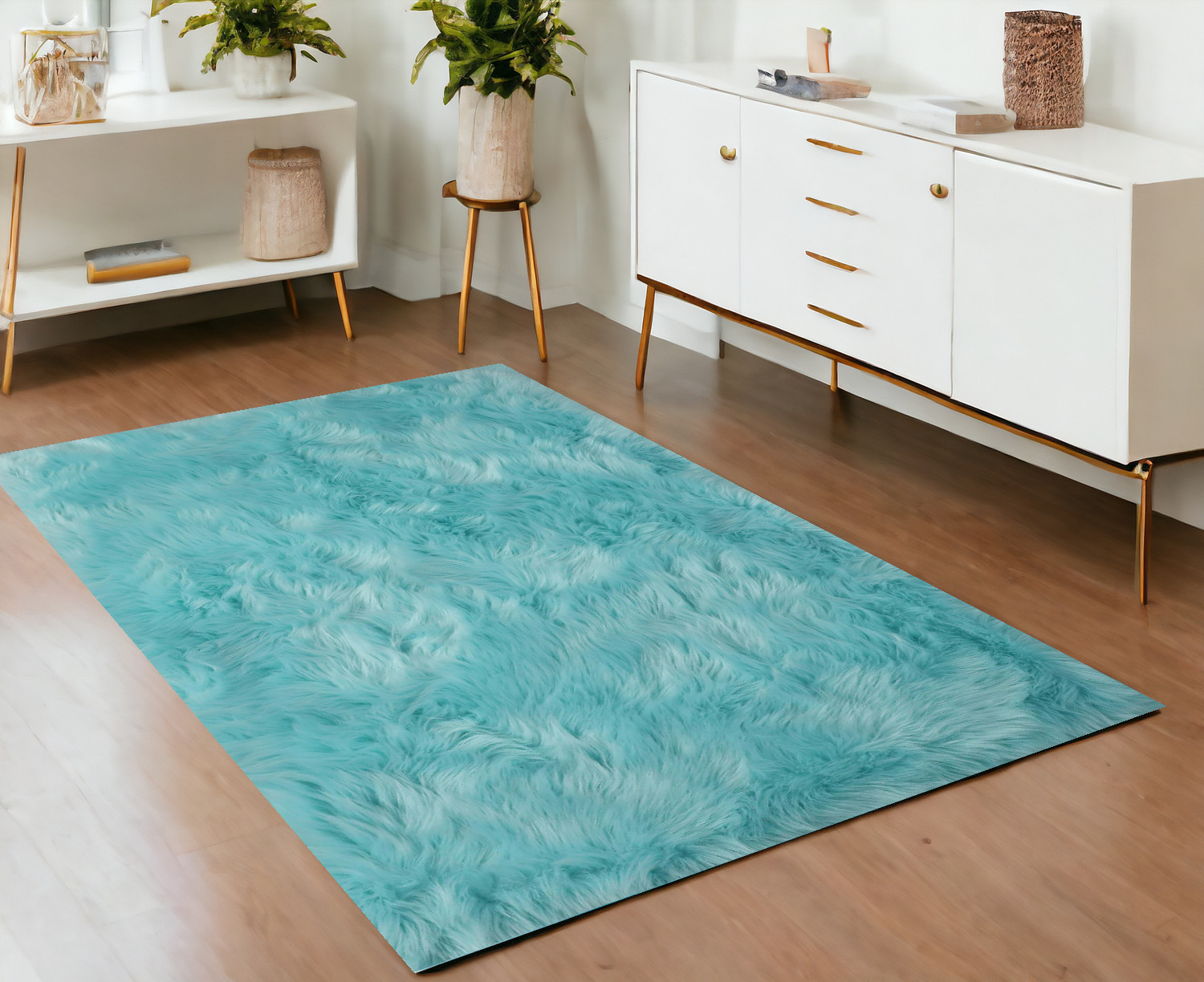 4" X 6" Turquoise Faux Sheepskin Shag Washable Area Rug