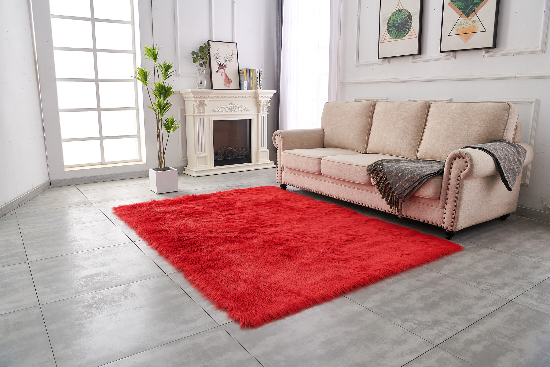 2" X 5" Red Faux Sheepskin Shag Washable Area Rug