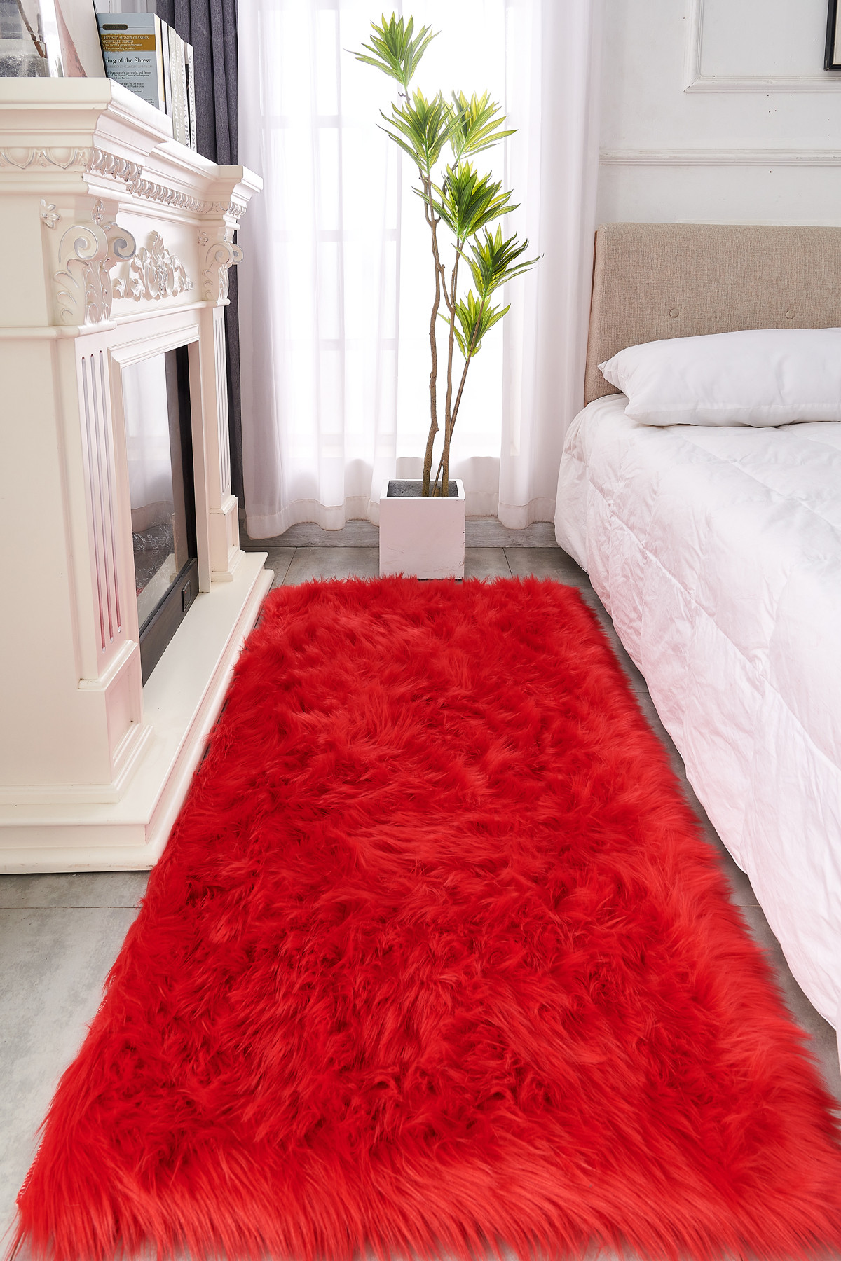 2" X 5" Red Faux Sheepskin Shag Washable Area Rug