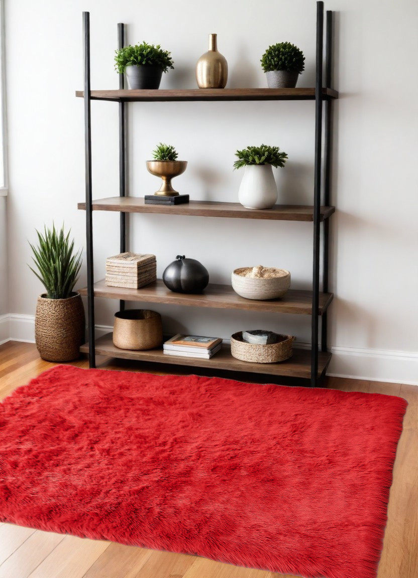 4" X 6" Red Faux Sheepskin Shag Washable Area Rug