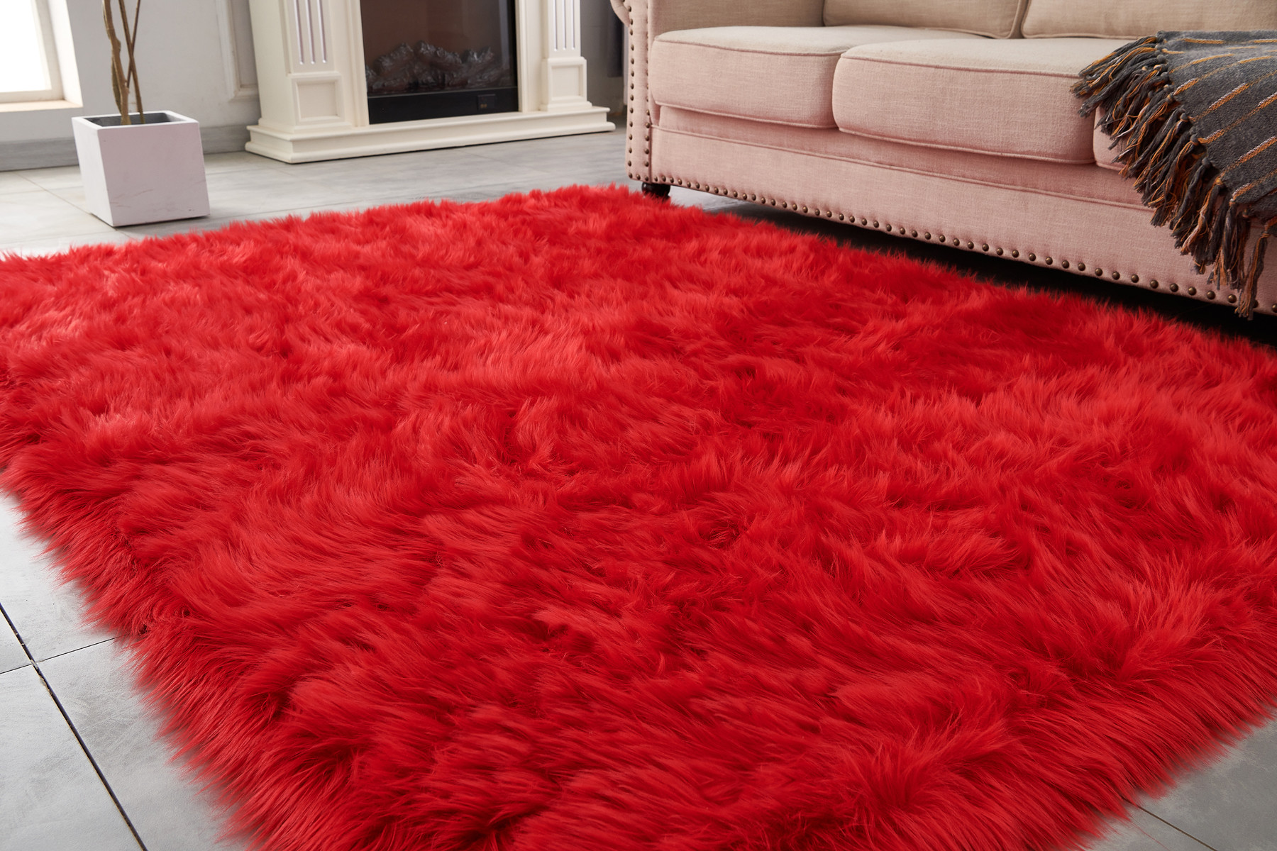 4" X 6" Red Faux Sheepskin Shag Washable Area Rug