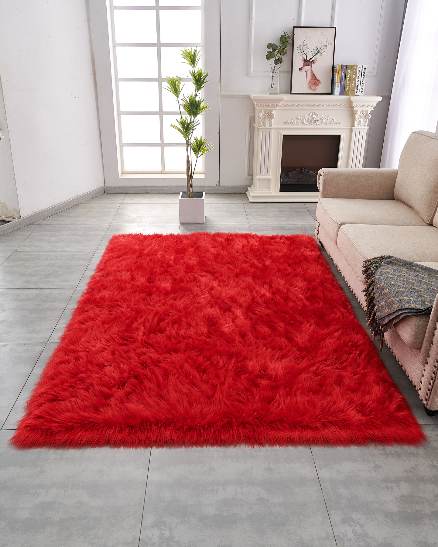 4" X 6" Red Faux Sheepskin Shag Washable Area Rug