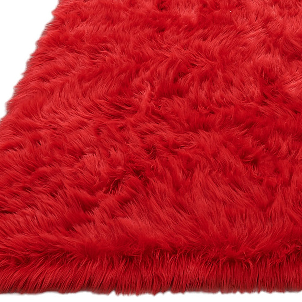 5" X 7" Red Faux Sheepskin Shag Washable Area Rug