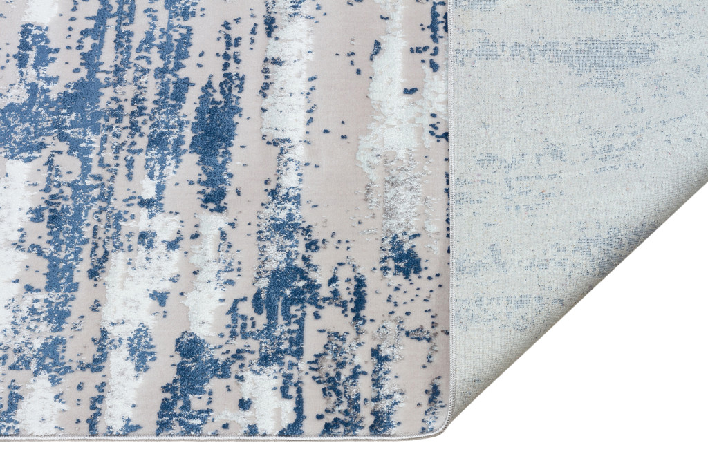 8" X 11" Blue and White Abstract Washable Non Skid Area Rug