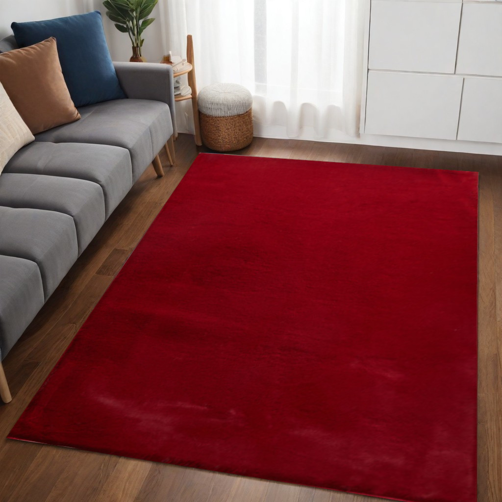 5" X 8" Red Faux Fur Shag Washable Non Skid Area Rug