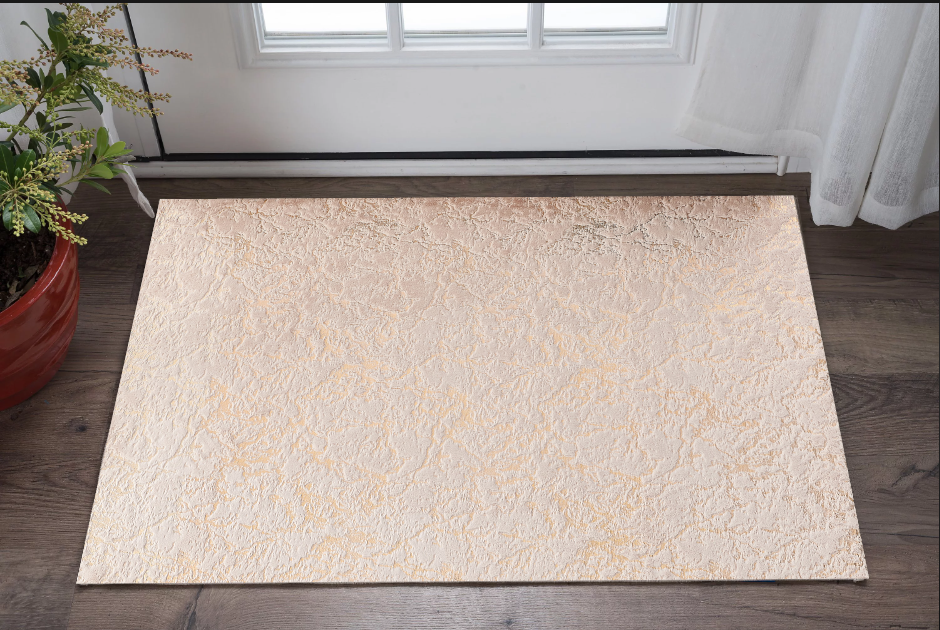 2" X 3" Beige and Gold Faux Fur Abstract Shag Non Skid Area Rug