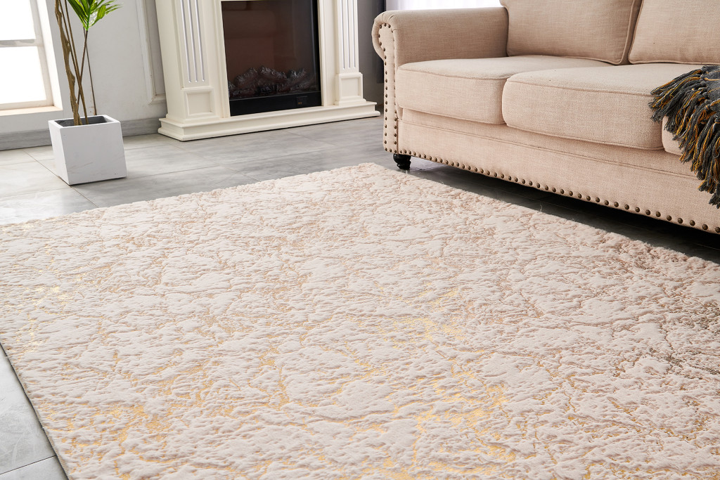 2" X 3" Beige and Gold Faux Fur Abstract Shag Non Skid Area Rug