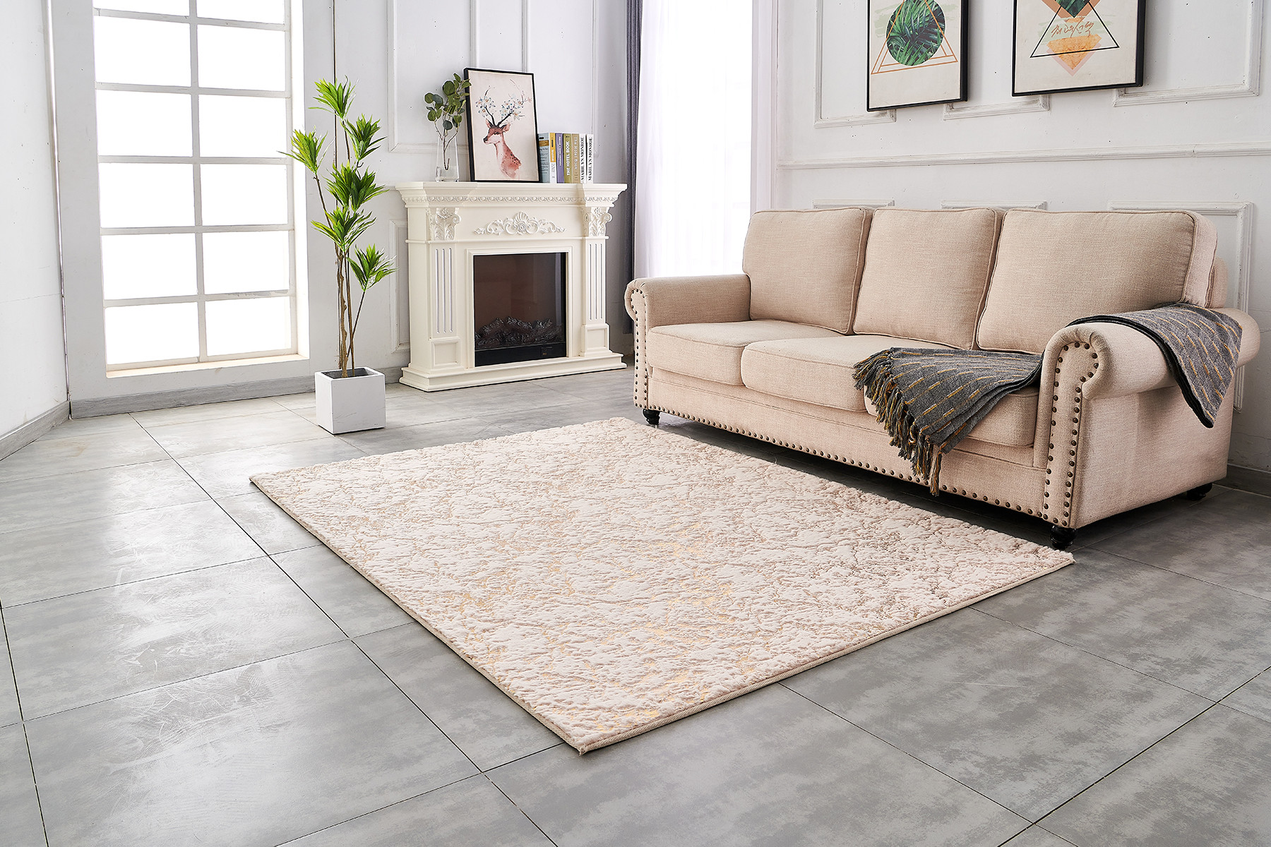2" X 3" Beige and Gold Faux Fur Abstract Shag Non Skid Area Rug