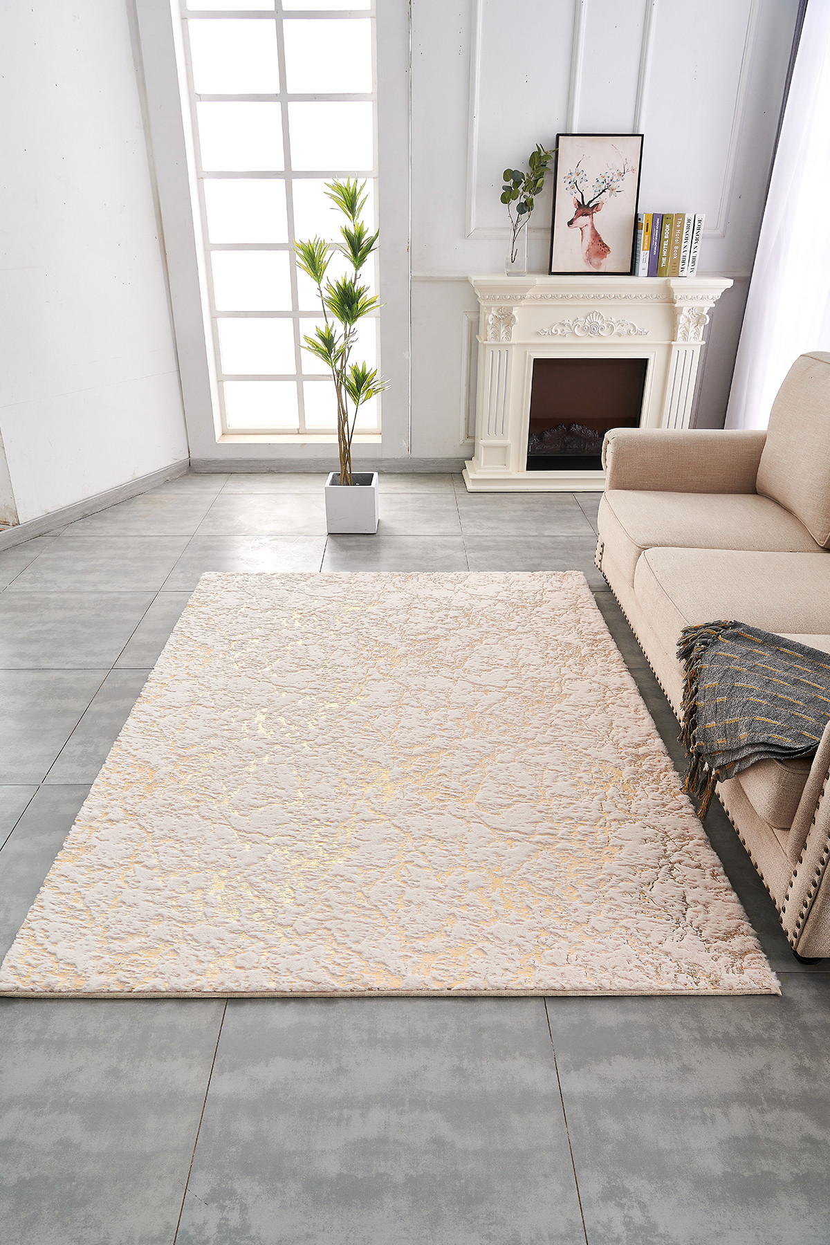 3" X 5" Beige and Gold Faux Fur Abstract Shag Non Skid Area Rug