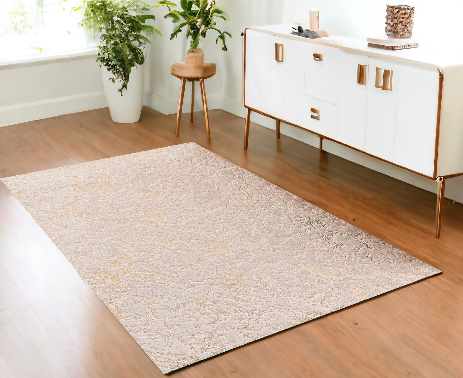 4" X 6" Beige and Gold Faux Fur Abstract Shag Non Skid Area Rug