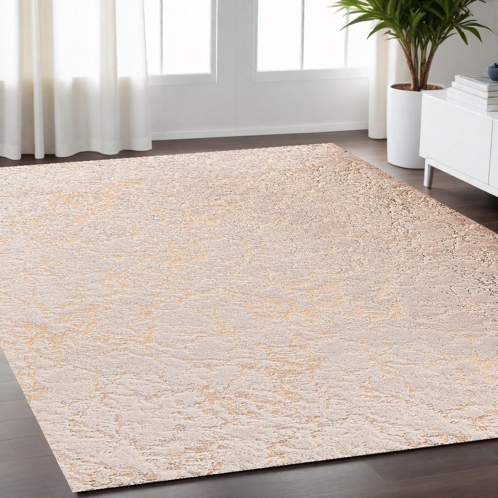 5" X 7" Beige and Gold Faux Fur Abstract Shag Non Skid Area Rug