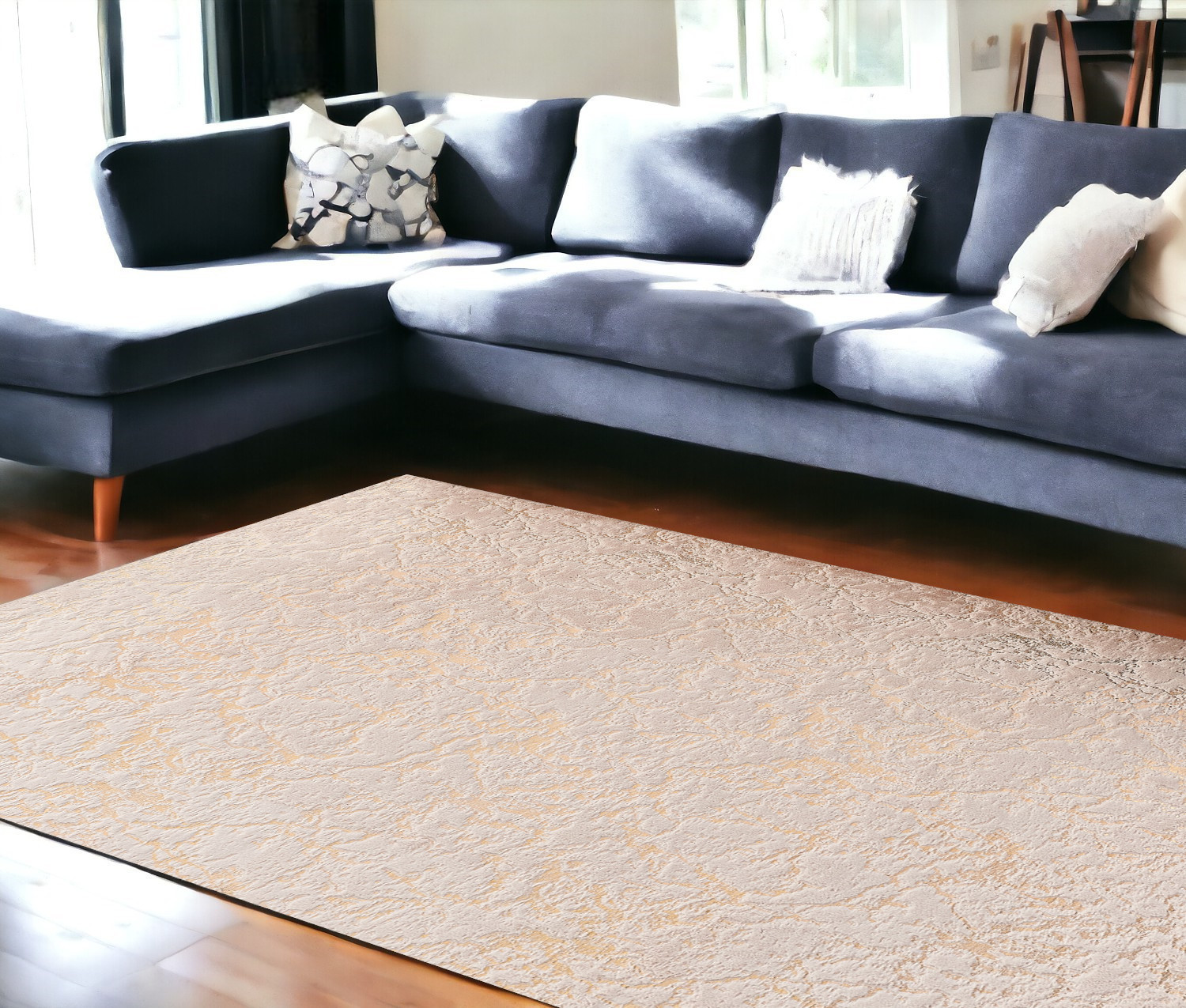 8" X 11" Beige and Gold Faux Fur Abstract Shag Non Skid Area Rug