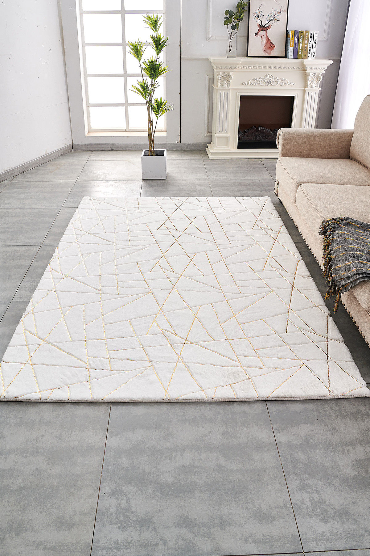 3" X 5" White and Gold Faux Fur Abstract Shag Non Skid Area Rug