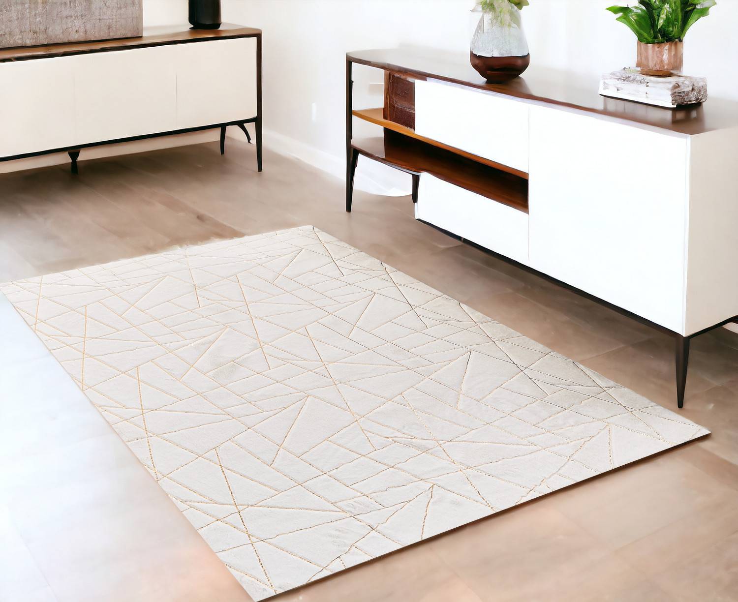 4" X 6" White and Gold Faux Fur Abstract Shag Non Skid Area Rug