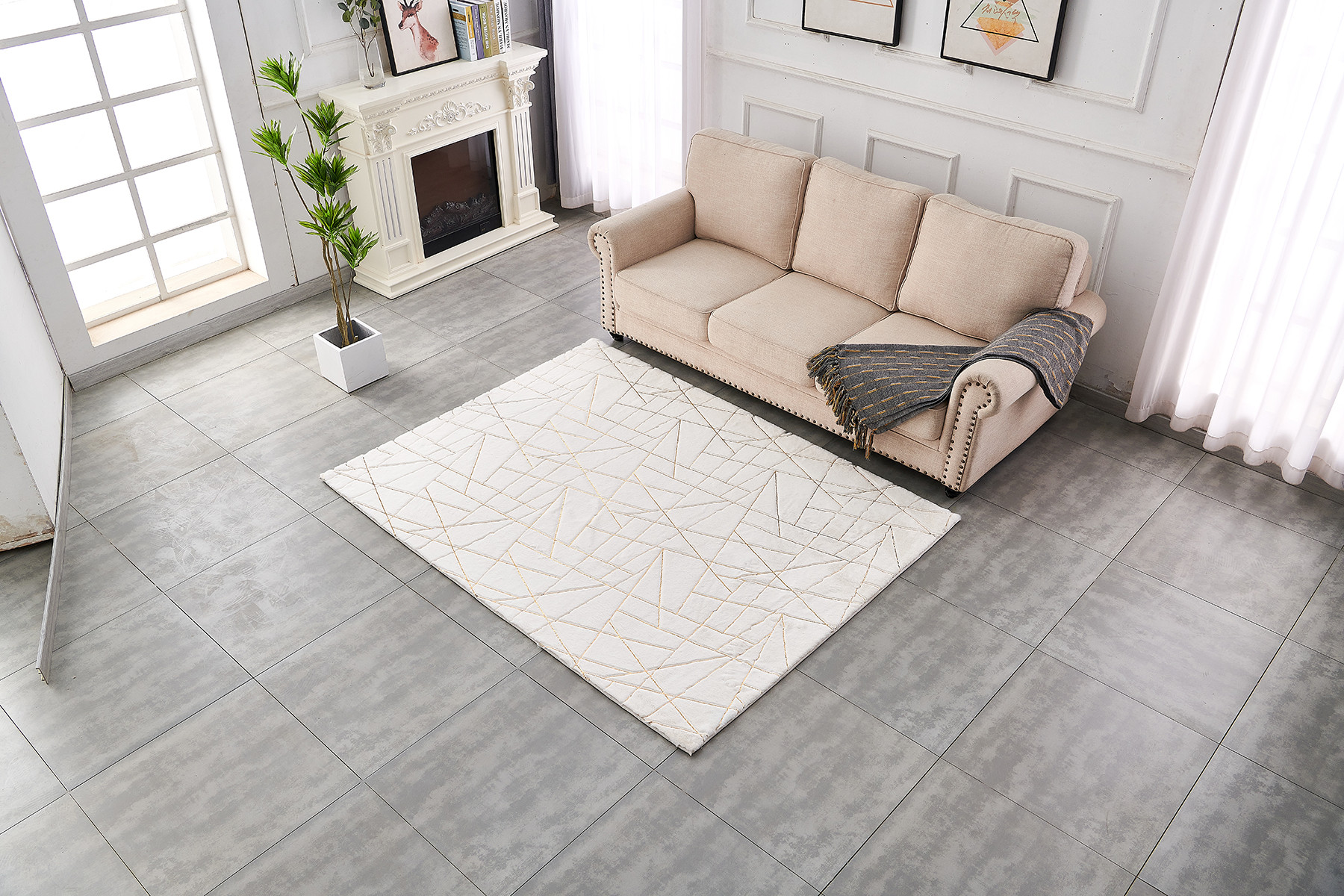 4" X 6" White and Gold Faux Fur Abstract Shag Non Skid Area Rug