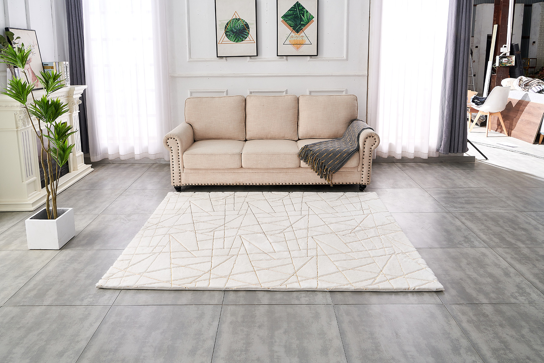 4" X 6" White and Gold Faux Fur Abstract Shag Non Skid Area Rug