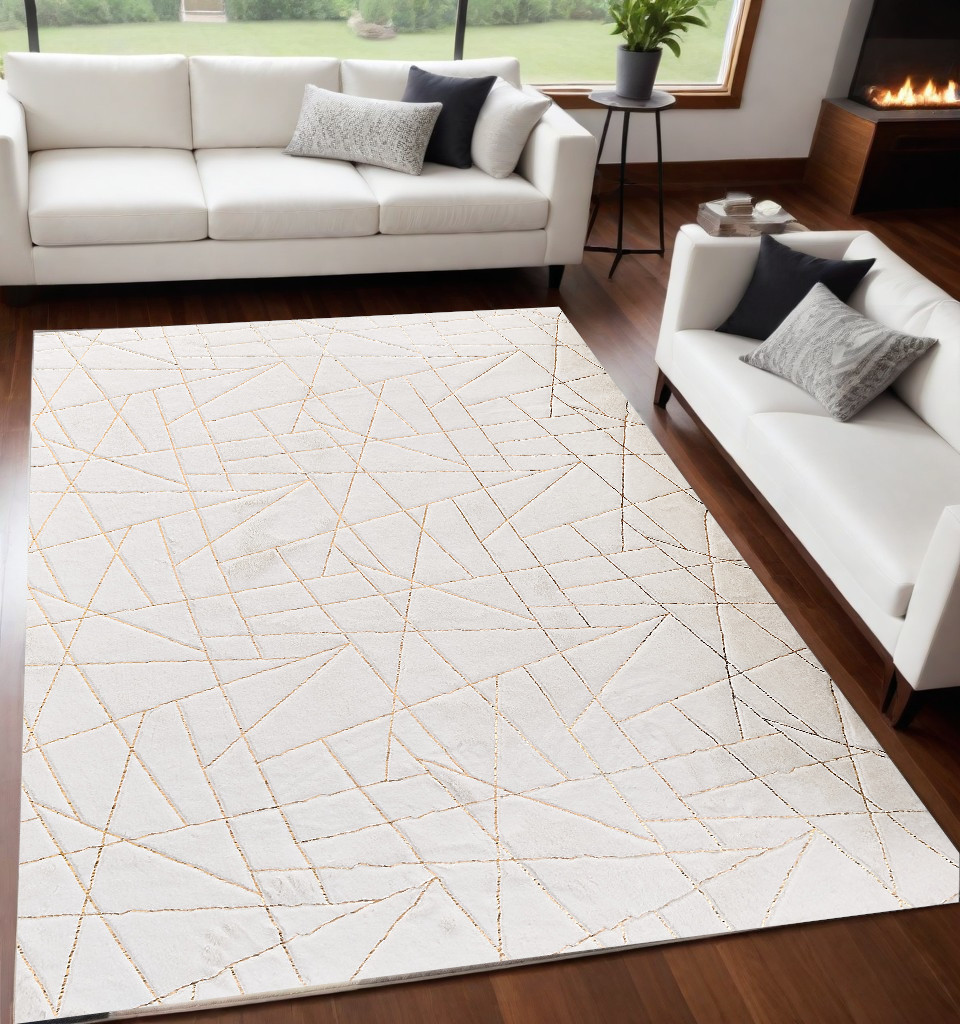 5" X 7" White and Gold Faux Fur Abstract Shag Non Skid Area Rug