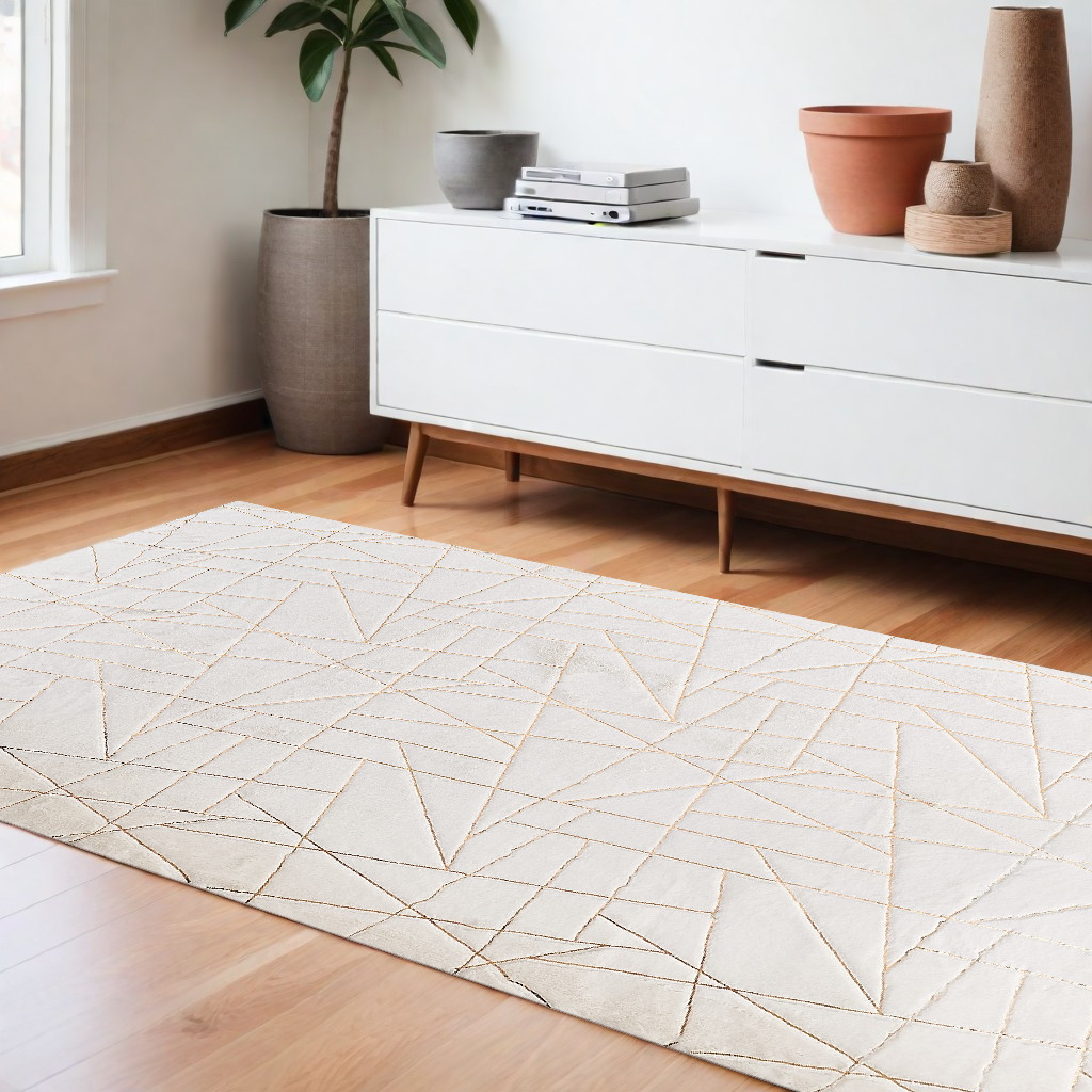 8" X 11" White and Gold Faux Fur Abstract Shag Non Skid Area Rug