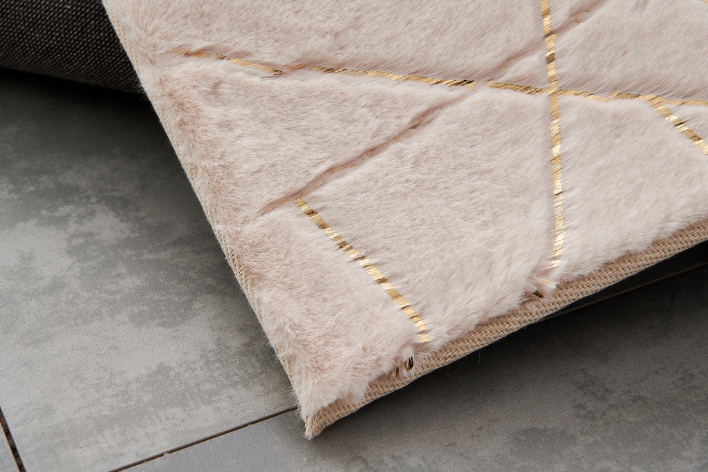 2" X 3" Beige and Gold Faux Fur Abstract Shag Non Skid Area Rug