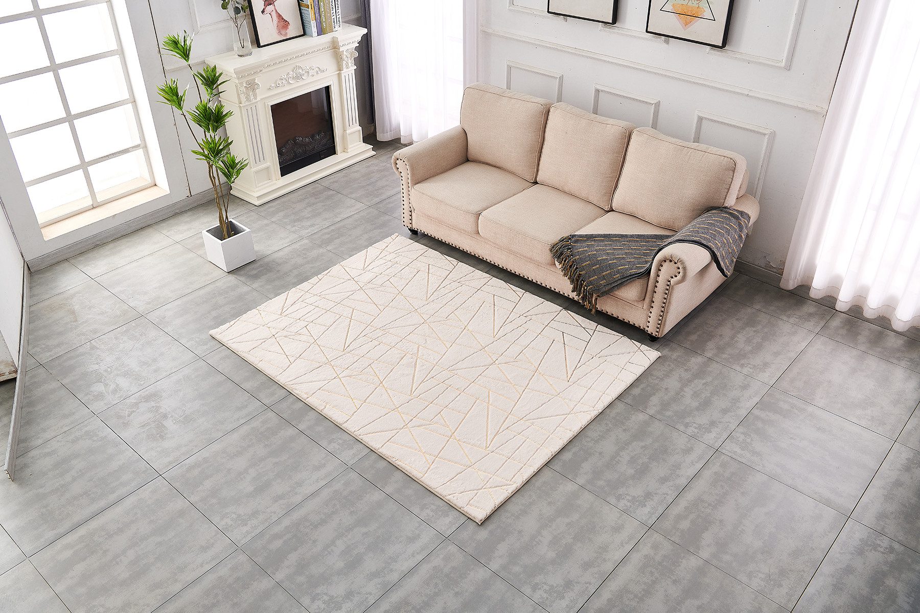 3" X 5" Beige and Gold Faux Fur Abstract Shag Non Skid Area Rug