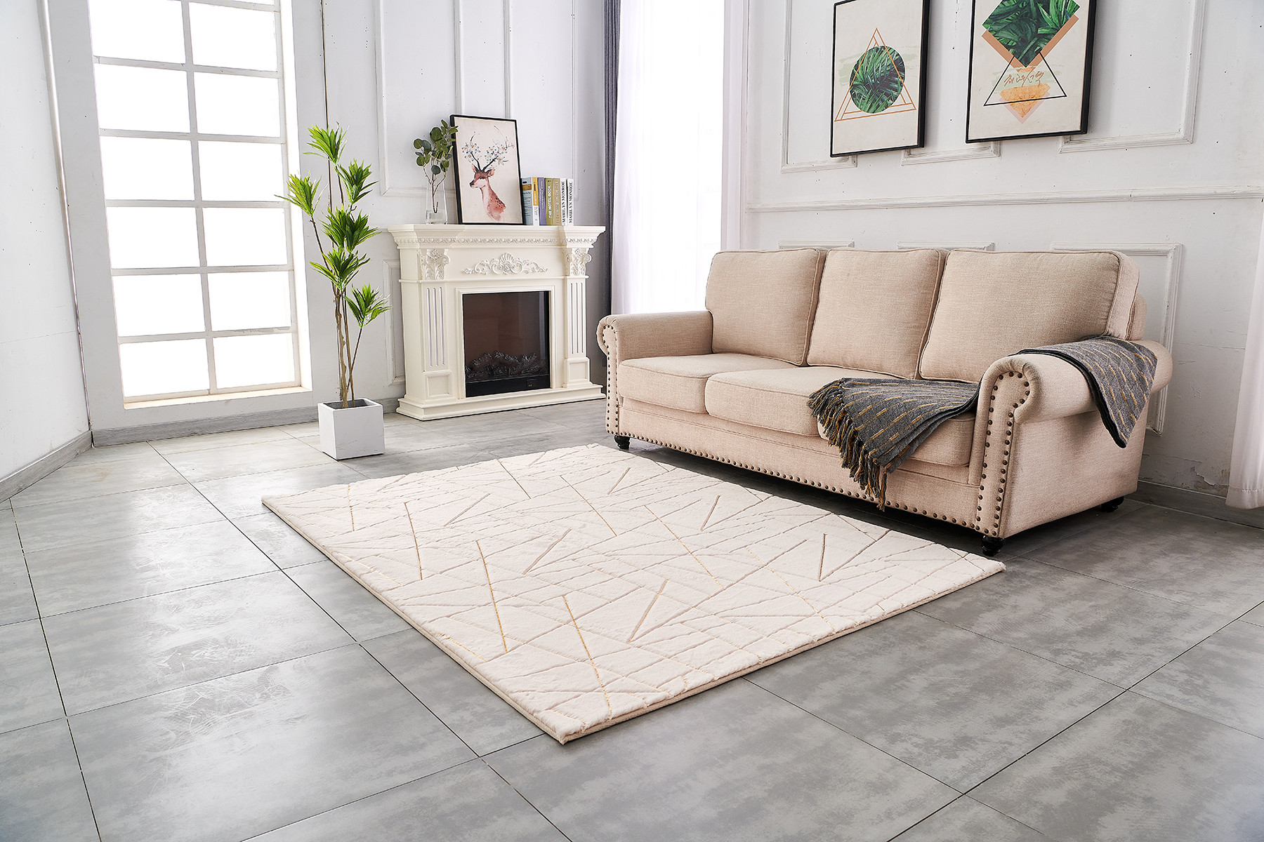 3" X 5" Beige and Gold Faux Fur Abstract Shag Non Skid Area Rug