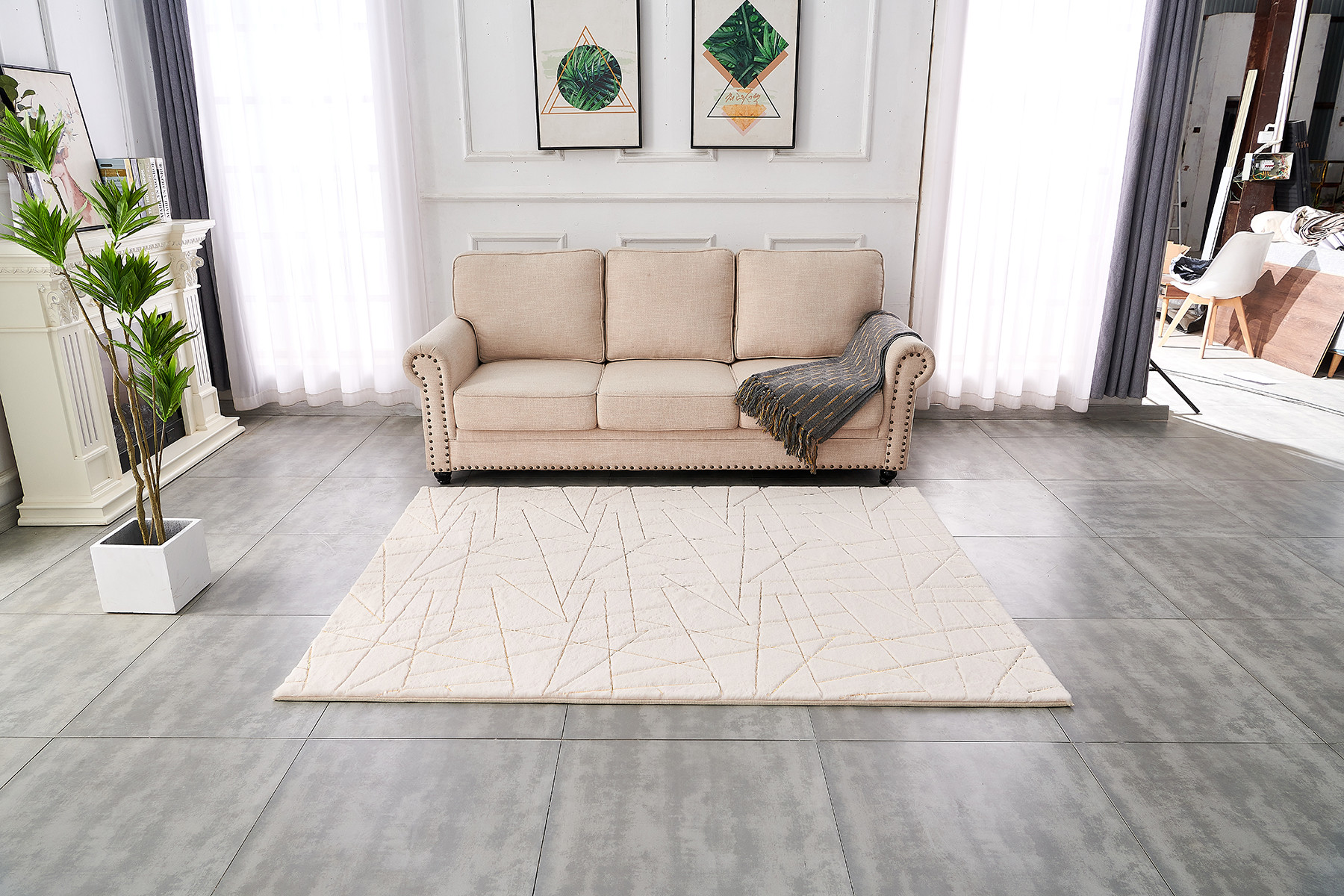 3" X 5" Beige and Gold Faux Fur Abstract Shag Non Skid Area Rug