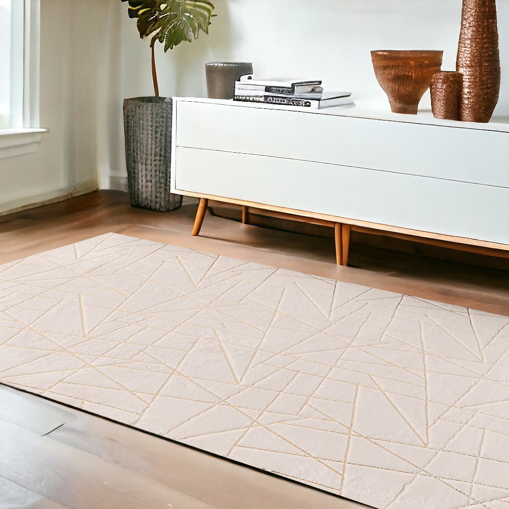 4" X 6" Beige and Gold Faux Fur Abstract Shag Non Skid Area Rug