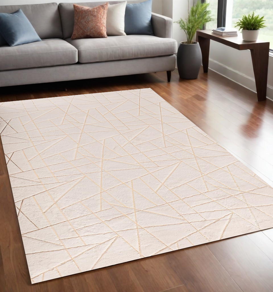 5" X 7" Beige and Gold Faux Fur Abstract Geometric Washable Non Skid Area Rug