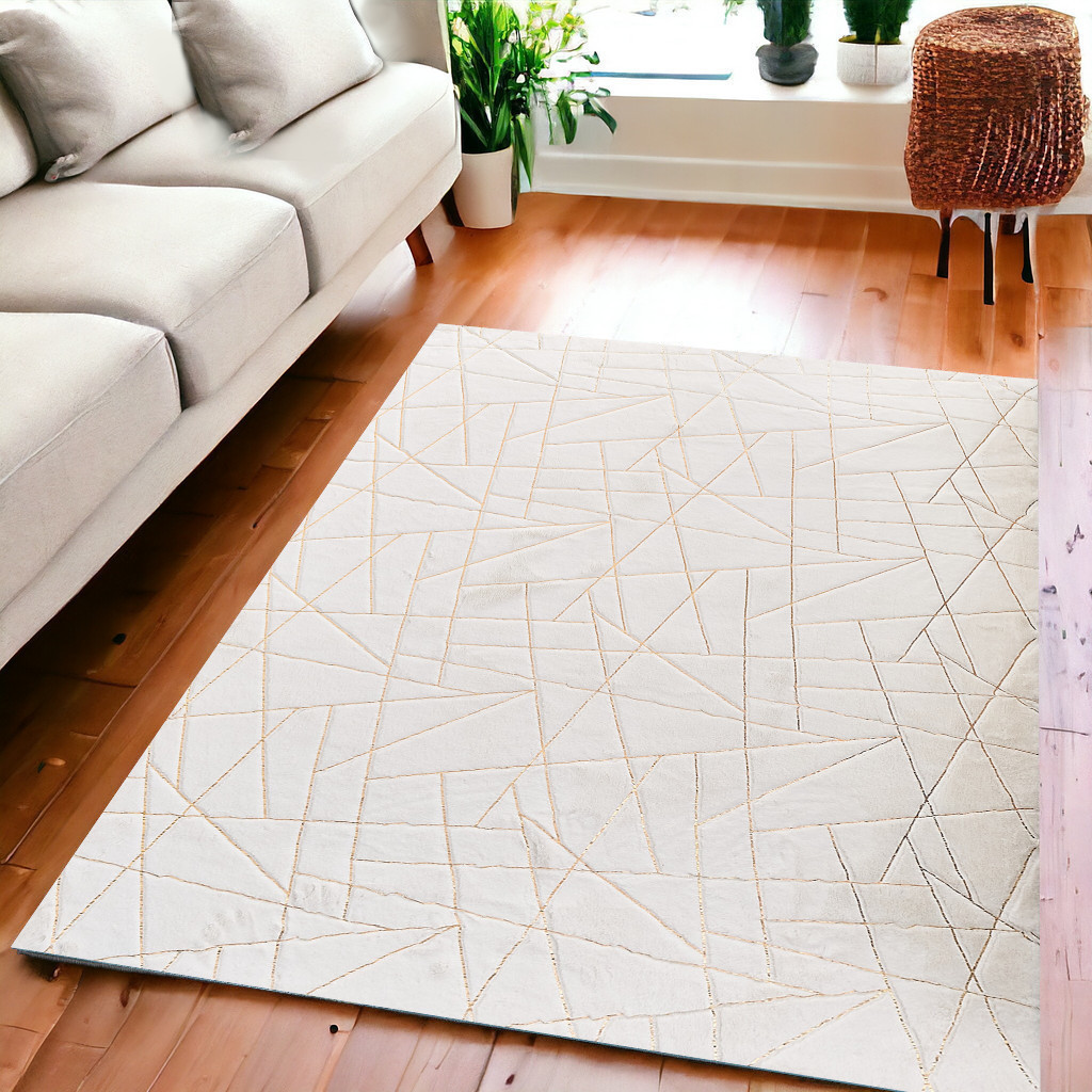 6" X 9" Beige and Gold Faux Fur Abstract Shag Non Skid Area Rug