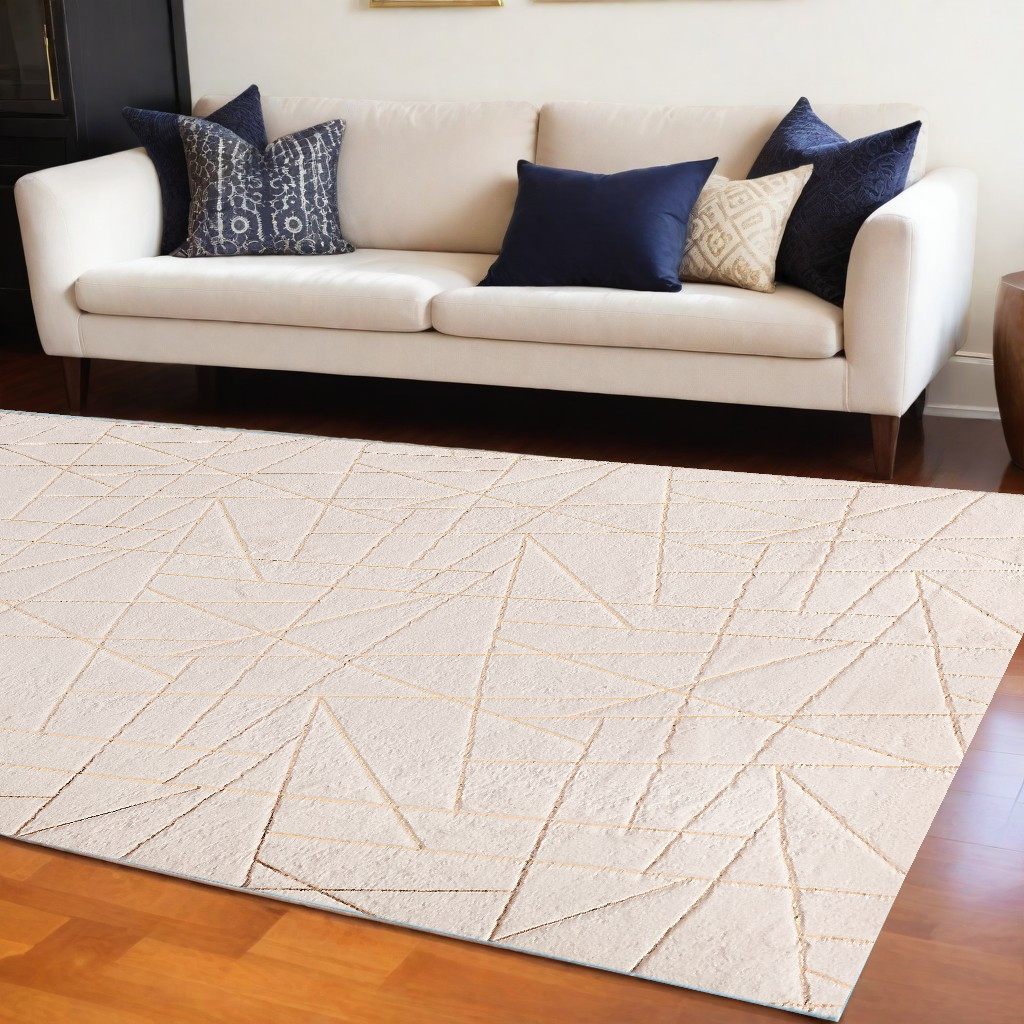 8" X 11" Beige and Gold Faux Fur Abstract Shag Non Skid Area Rug