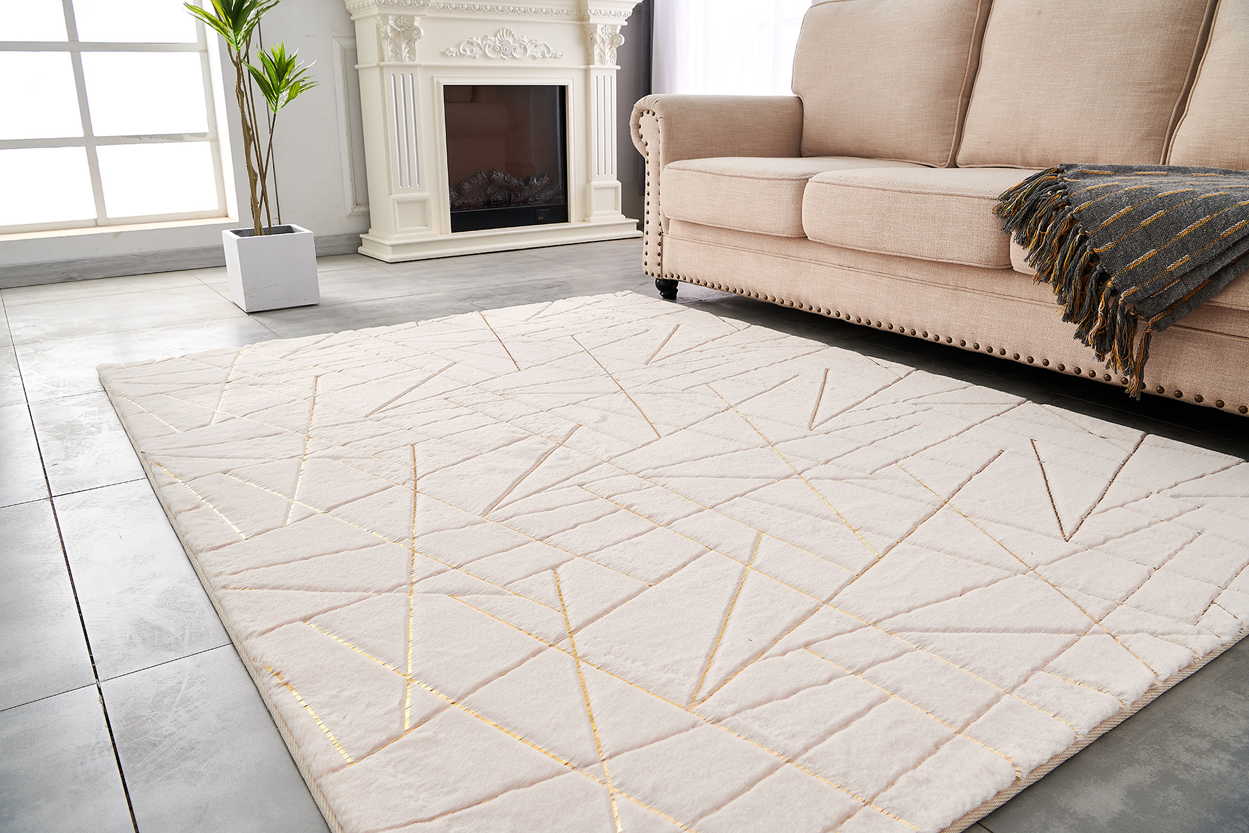 8" X 11" Beige and Gold Faux Fur Abstract Shag Non Skid Area Rug
