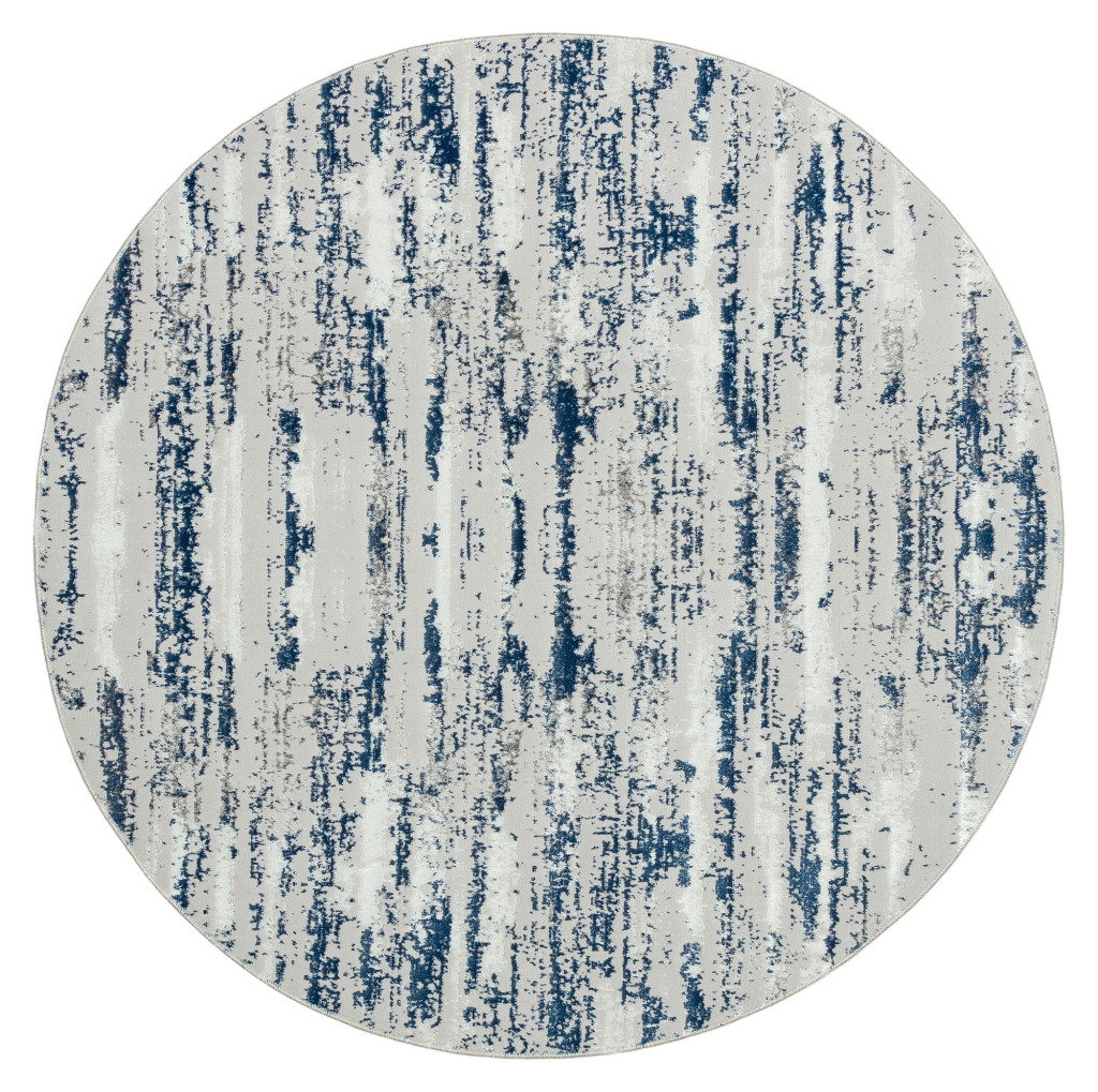 7" Blue and Ivory Round Abstract Washable Non Skid Area Rug